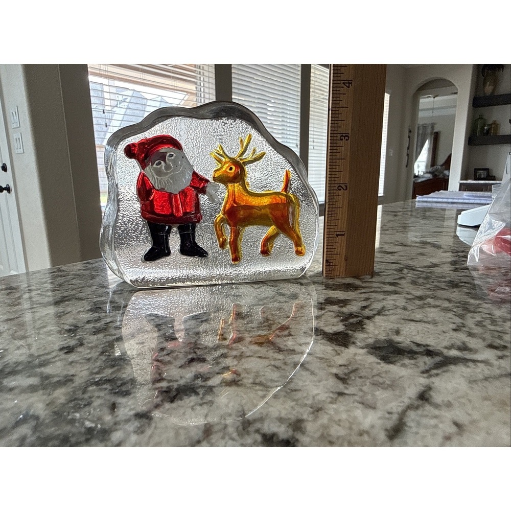 Vintage Glass Paperweight Christmas Santa Rudolph Painted Art Glass